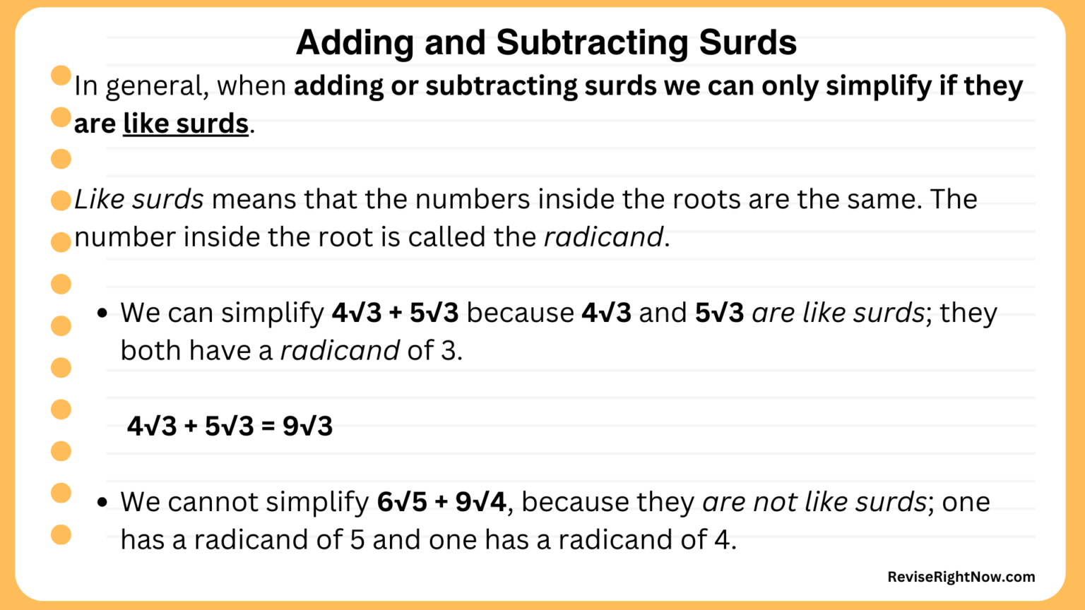 Adding and Subtracting Surds | Revise Right Now