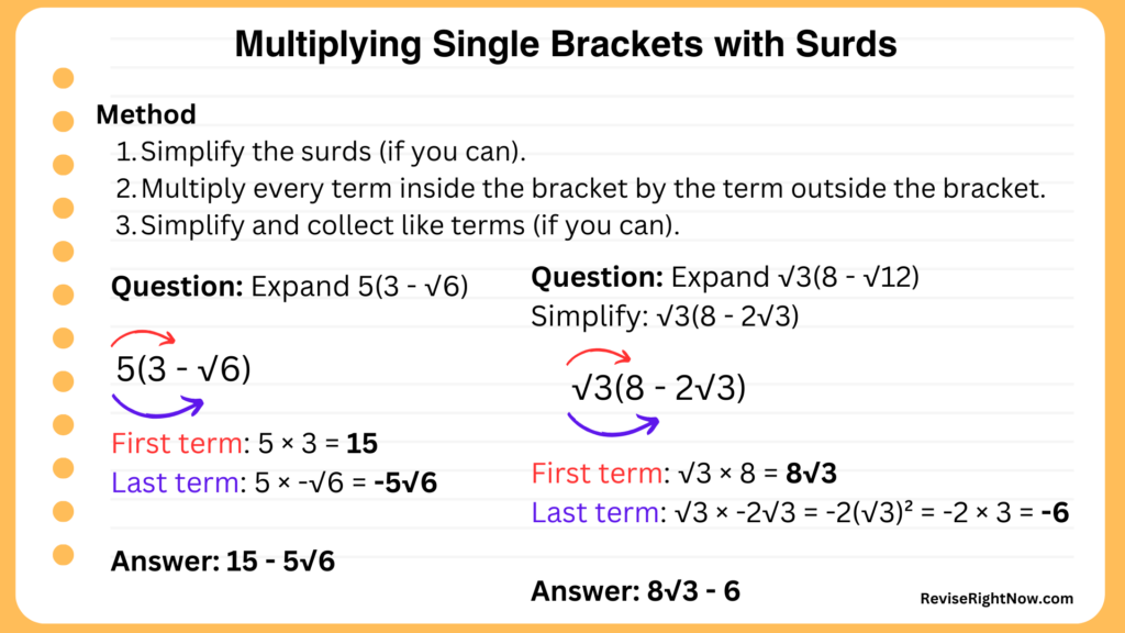 Multiply single brackets including surds